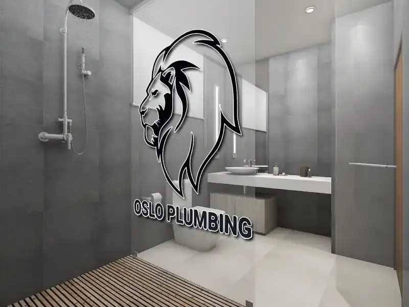 Baderom med Oslo Plumbing logo - Vårt arbeid